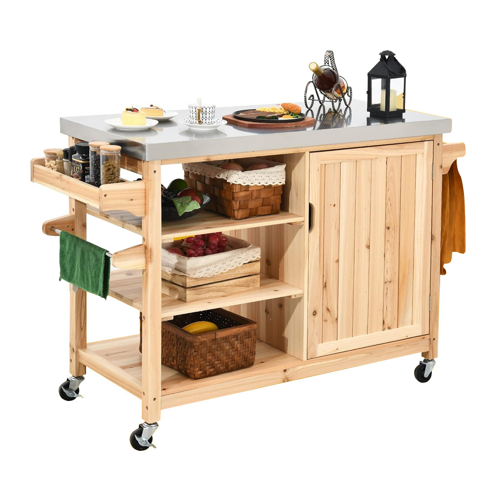 Outdoor wooden trolley Mobile Kitchen Island Cart With Wine Rack and Storage Space For Home Furniture Kitchen Cabinets