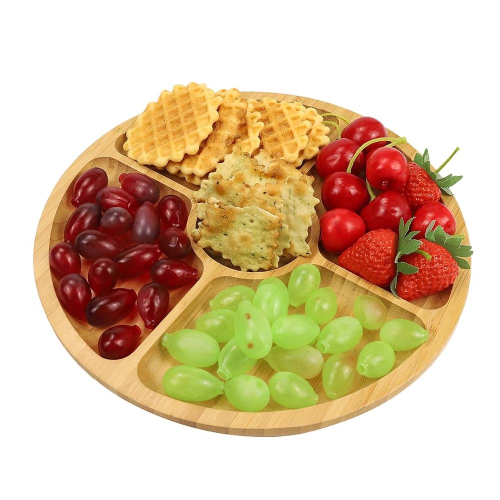 Wooden Compartment Cheese Appetizer Plate Bamboo Cookie Dessert Serving Platter Tray Chip and Dip Dish Section Plates