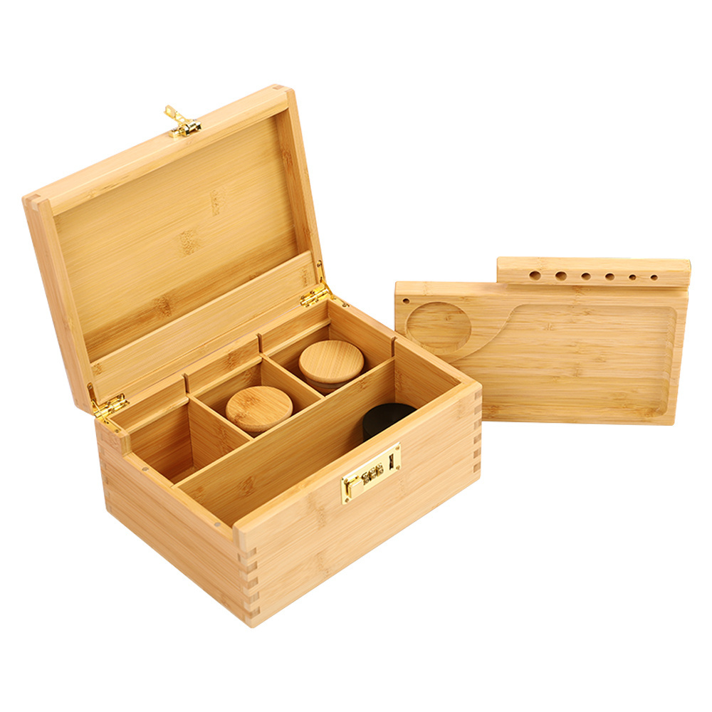 Wholesale Customized Logo Handmade Storage Wooden Rolling Tray Cigarette Box Bamboo Stash Boxes With Metal Cipher Lock