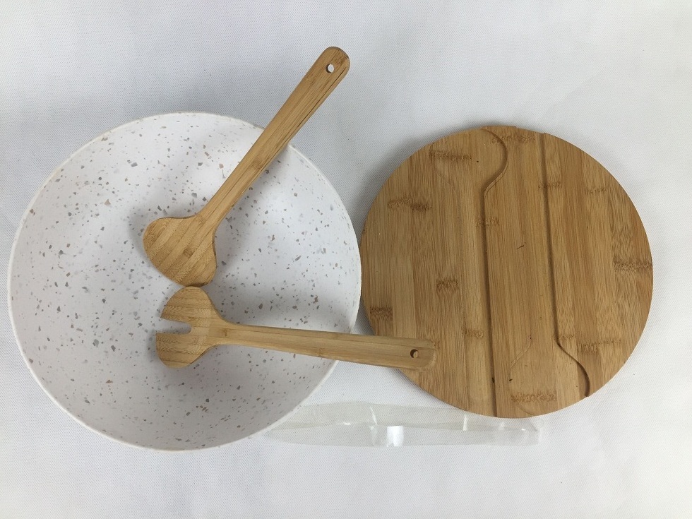 White Salad Mixing Bowl Bamboo Lid Chopping Board and Cutlery Salad Servers with 4 Serving Bowls