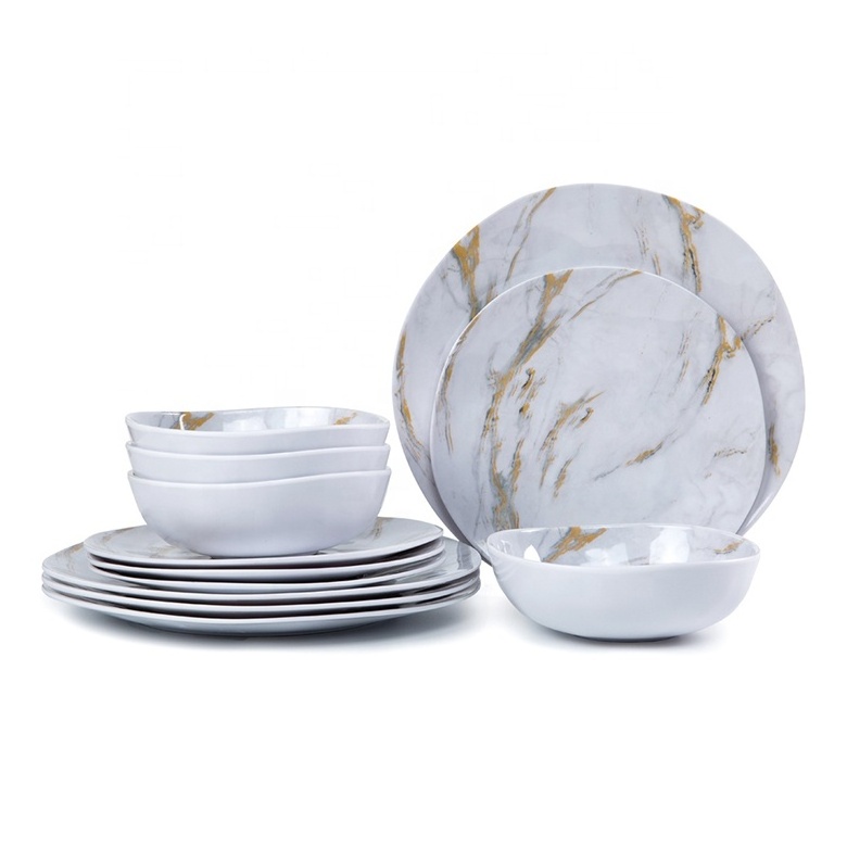 New design unbreakable tableware 12pcs marble melamine dinner set