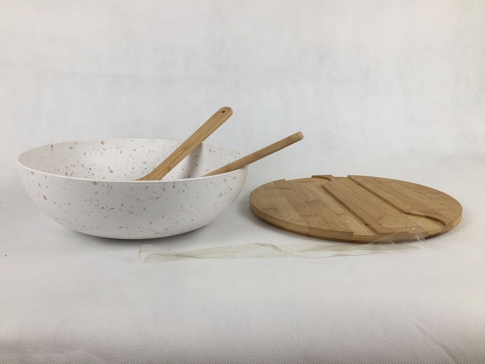 White Salad Mixing Bowl Bamboo Lid Chopping Board and Cutlery Salad Servers with 4 Serving Bowls