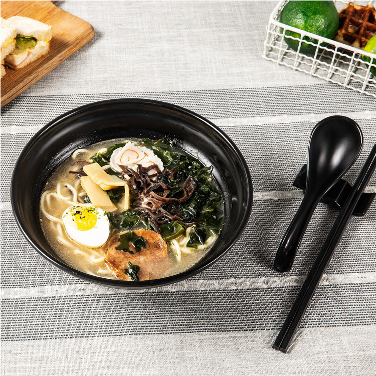 Large soup bowl japanese ramen bowl set chopsticks, food safe black melamine ramen noodle bowl restaurant