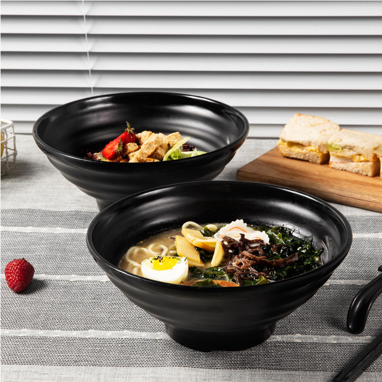 Large soup bowl japanese ramen bowl set chopsticks, food safe black melamine ramen noodle bowl restaurant