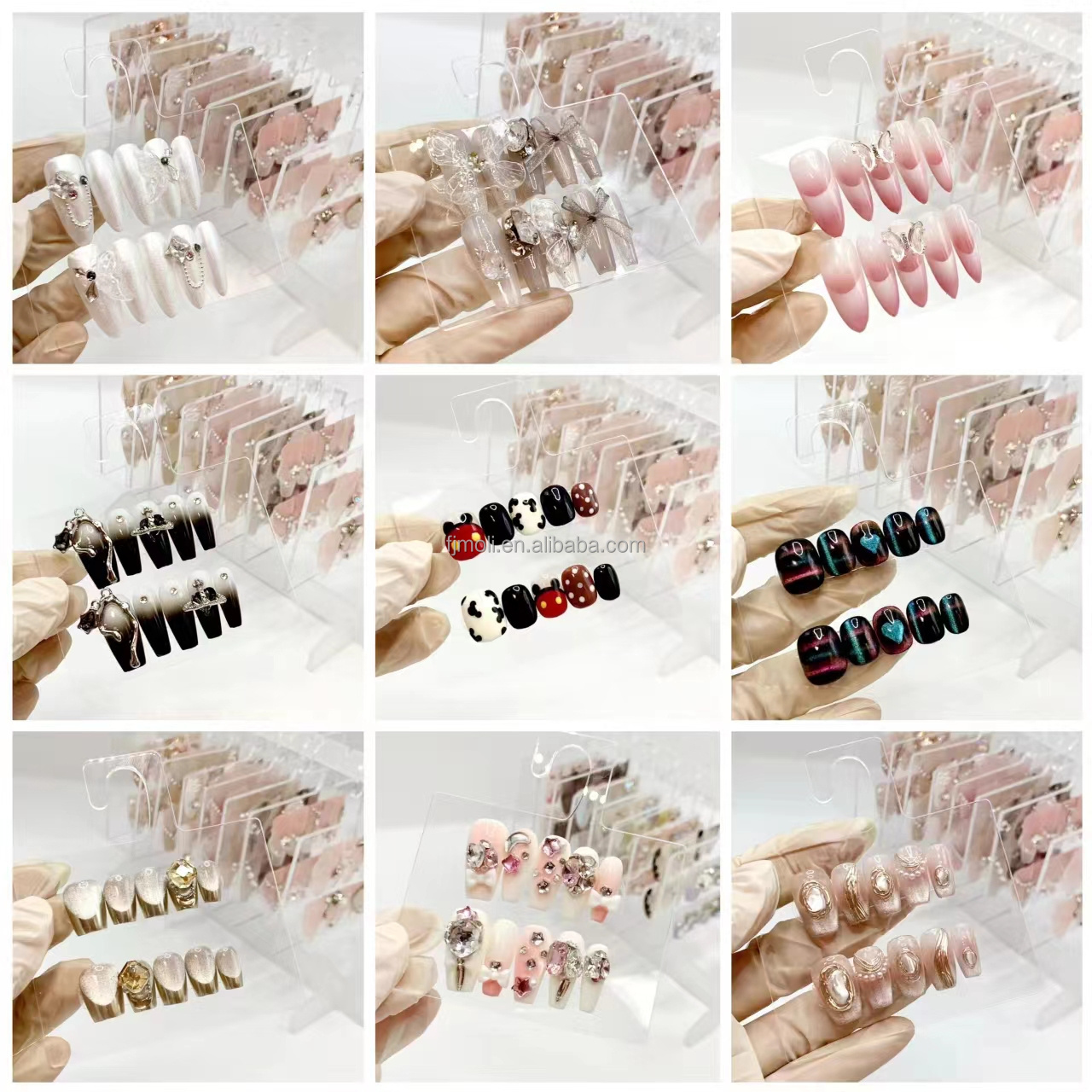 Morri Sparkling Bling Rhinestone Handmade False Custom Logo Acrylic Press On Nails Medium Length