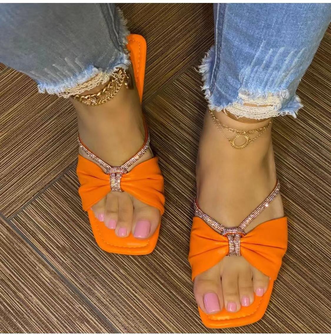 Square Toe Large Size Sandals Casual Flat Slippers Sandal For Ladies And Women