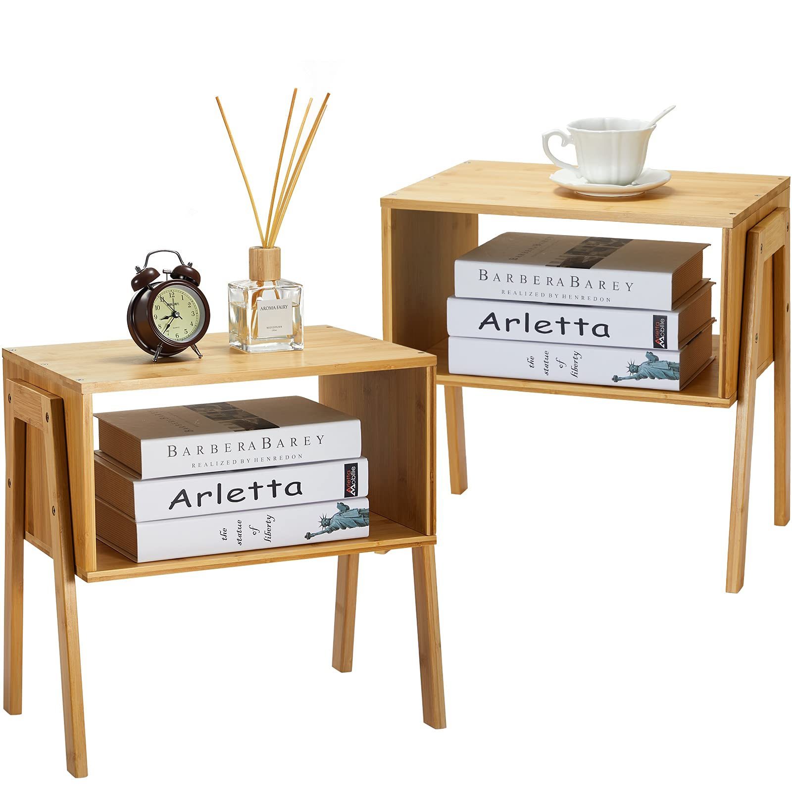 Set of 2 Bamboo night stand morden bedside table tray rattan nightstand with Open Storage Compartment