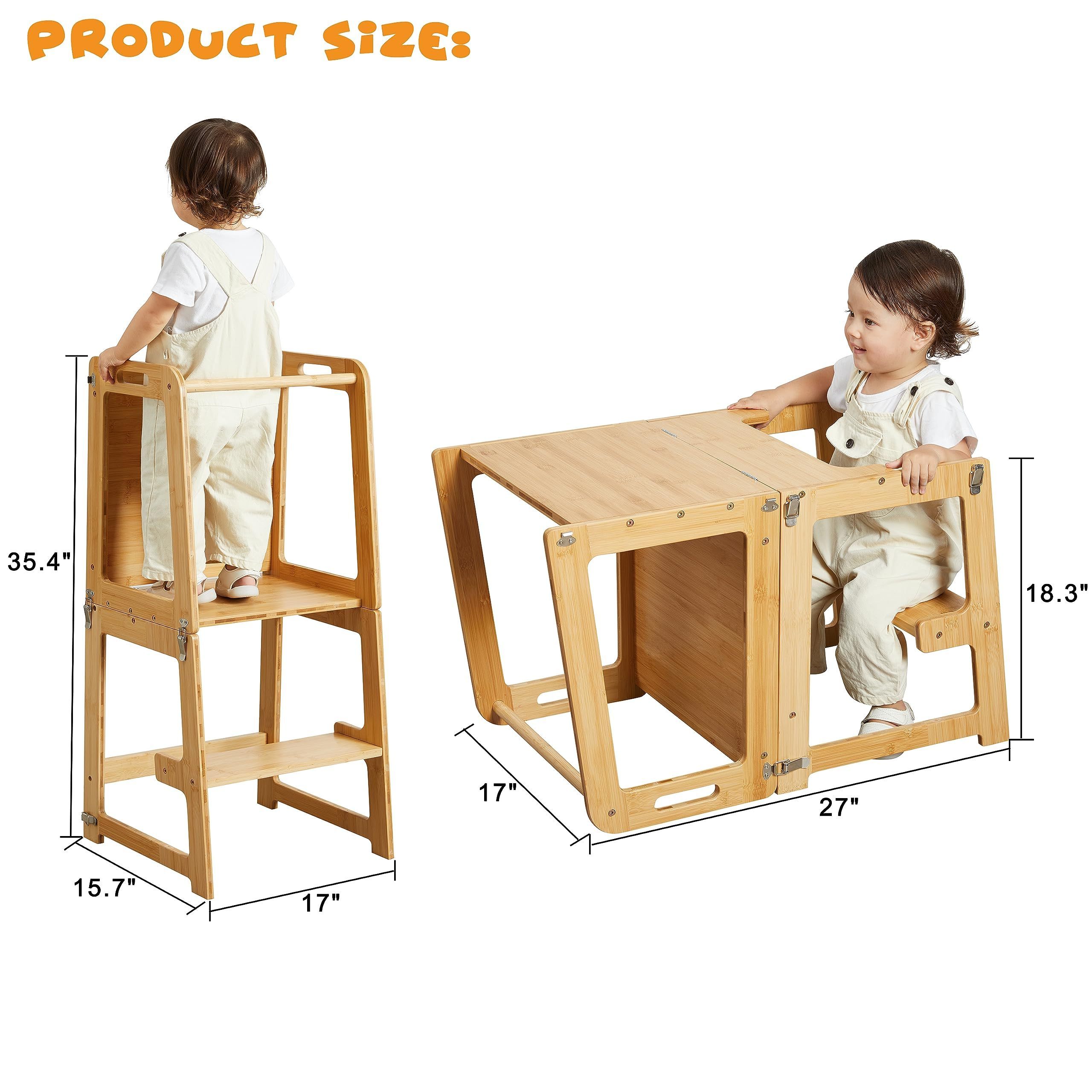 4-in-1 Standing Tower for Toddlers and Kids 1-6 Years, Bamboo Kitchen Learning Helper Stool