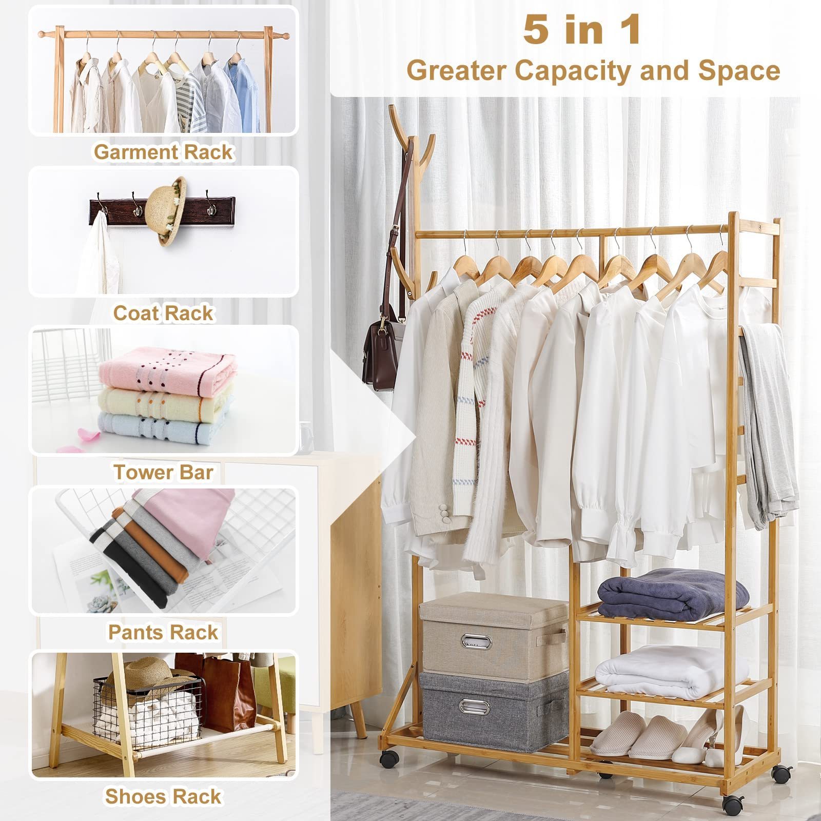 Clothing Garment Coat Wardrobe Rack Multifunctional Bedroom Hanging Organizer Hat Tree 3 Layers Storage Shelves with Wheels