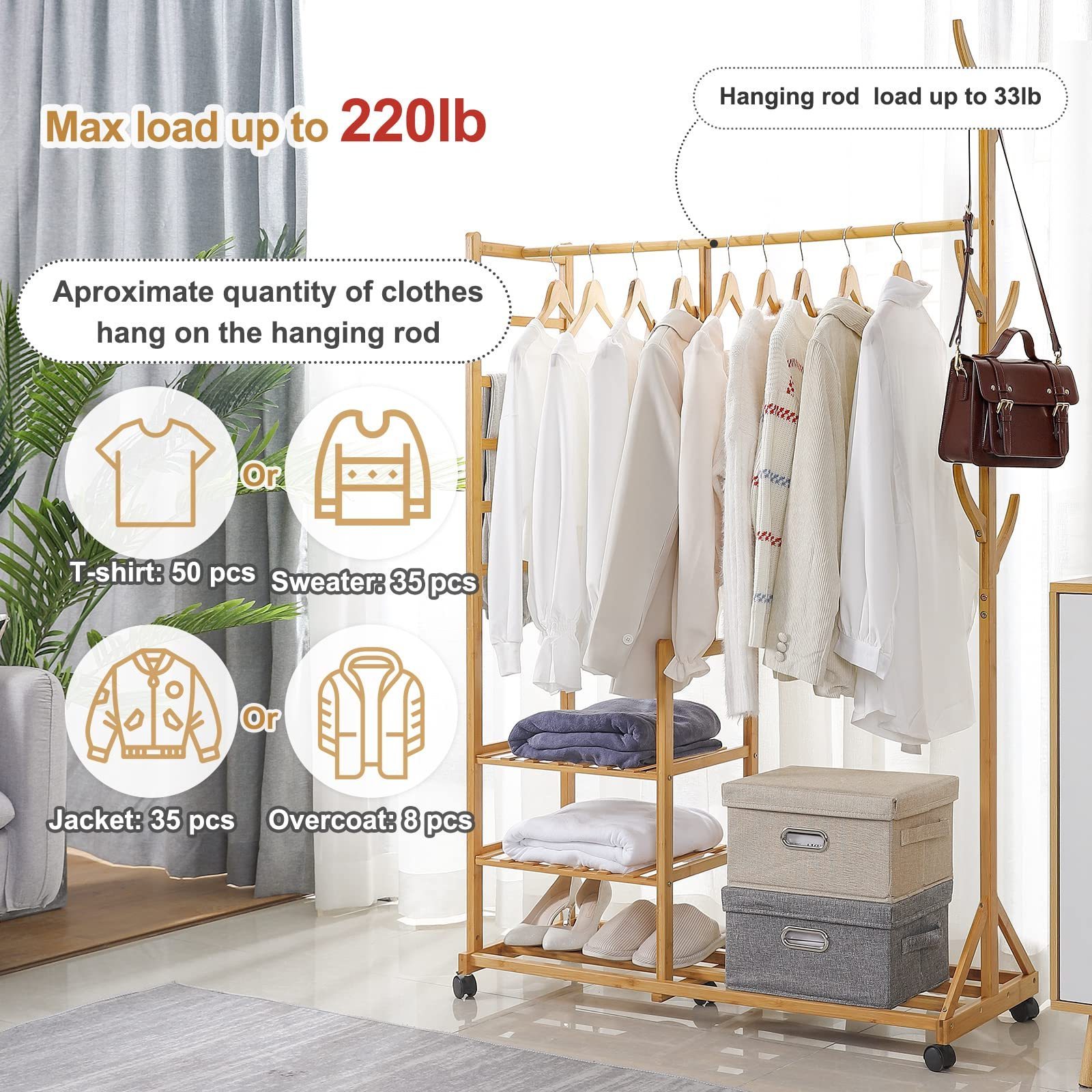 Clothing Garment Coat Wardrobe Rack Multifunctional Bedroom Hanging Organizer Hat Tree 3 Layers Storage Shelves with Wheels