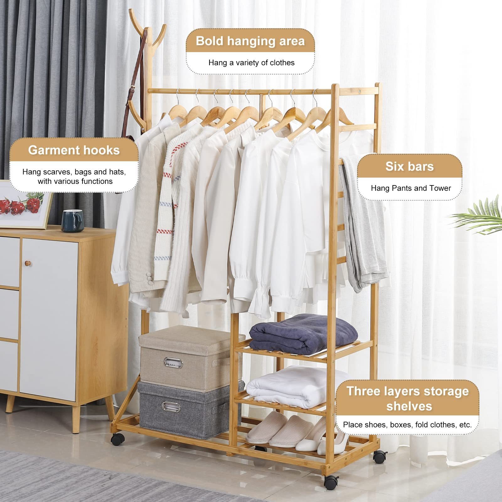 Clothing Garment Coat Wardrobe Rack Multifunctional Bedroom Hanging Organizer Hat Tree 3 Layers Storage Shelves with Wheels