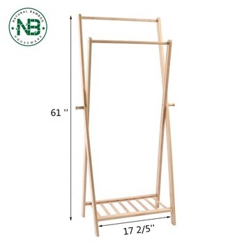 Foldable Bamboo Color Double Layer Vertical Clothes Free Standing Bamboo Coat Rack with 2 side hooks