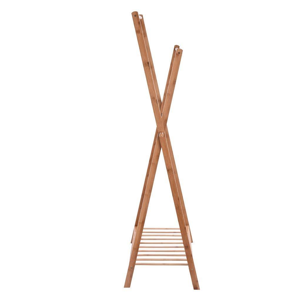 Foldable Bamboo Color Double Layer Vertical Clothes Free Standing Bamboo Coat Rack with 2 side hooks