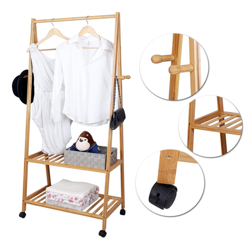 Natural style easy to move portable bamboo space-saving sturdy coat rack