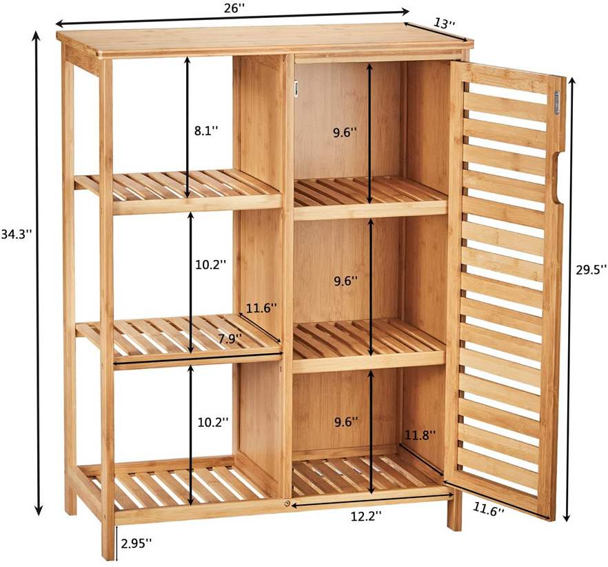 Bamboo Storage Shelf with Doors and 3 tiers Shelves Bamboo Storage Cabinet