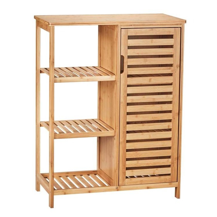 Bamboo Storage Shelf with Doors and 3 tiers Shelves Bamboo Storage Cabinet