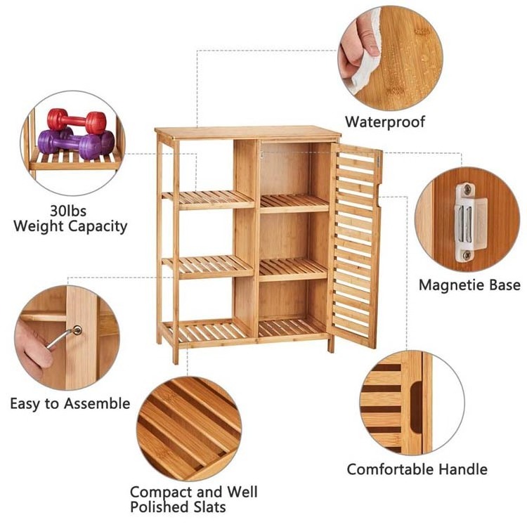 Bamboo Storage Shelf with Doors and 3 tiers Shelves Bamboo Storage Cabinet