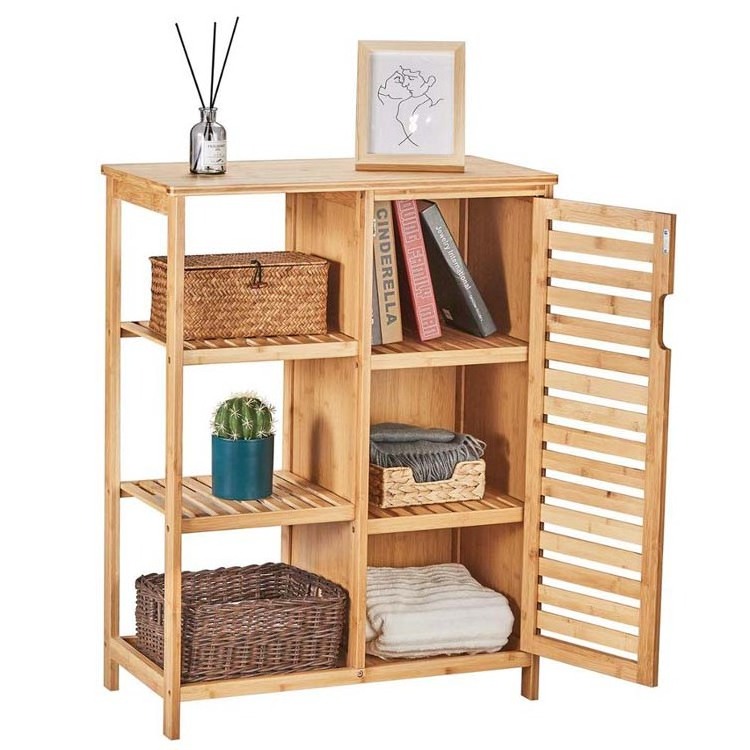 Bamboo Storage Shelf with Doors and 3 tiers Shelves Bamboo Storage Cabinet