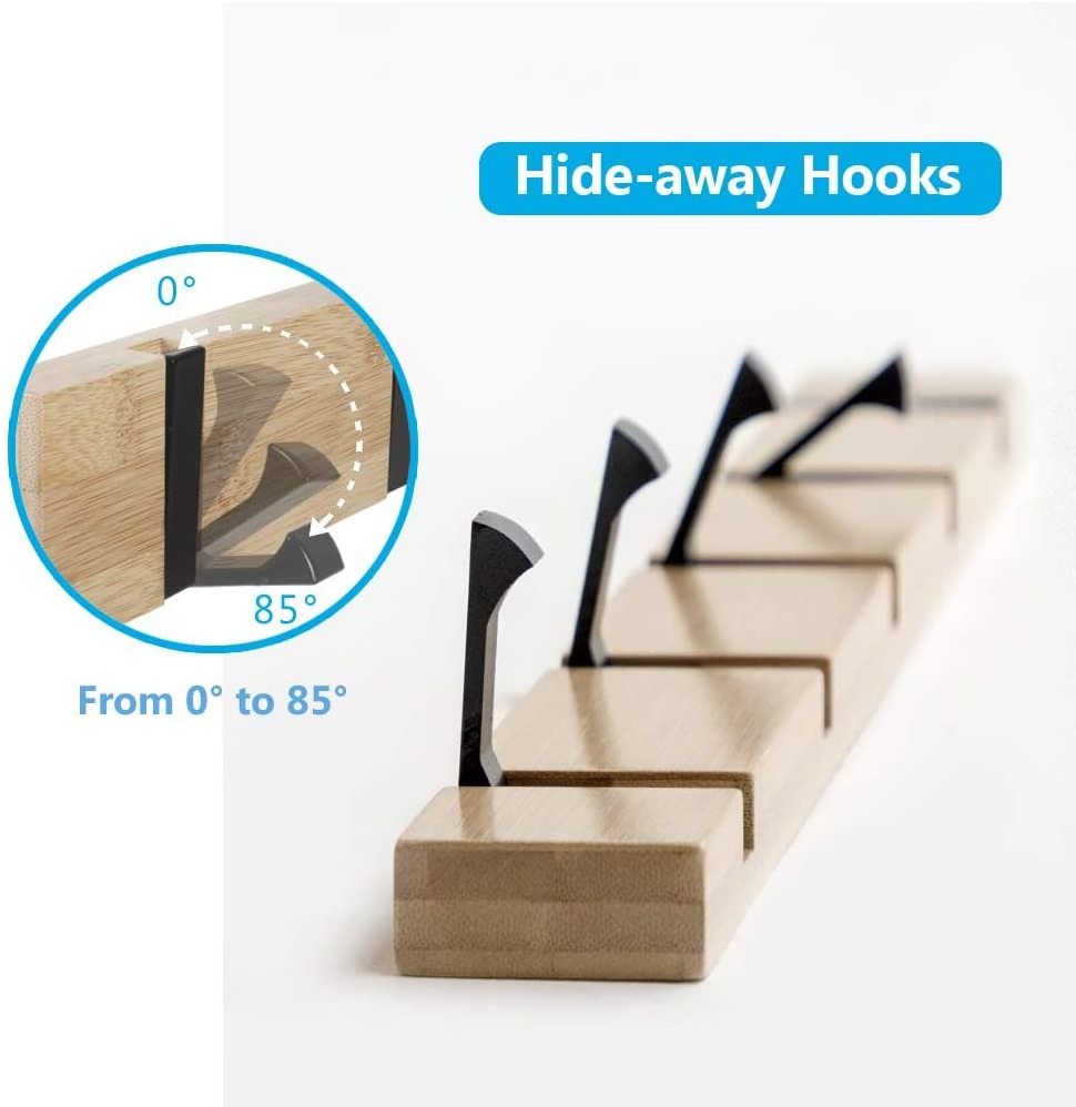 Coat Rack Wall Mounted Foldable Modern Bamboo Coat Hooks Bamboo Coat Rack with 4 Retractable Metal Hooks