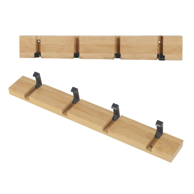 Coat Rack Wall Mounted Foldable Modern Bamboo Coat Hooks Bamboo Coat Rack with 4 Retractable Metal Hooks