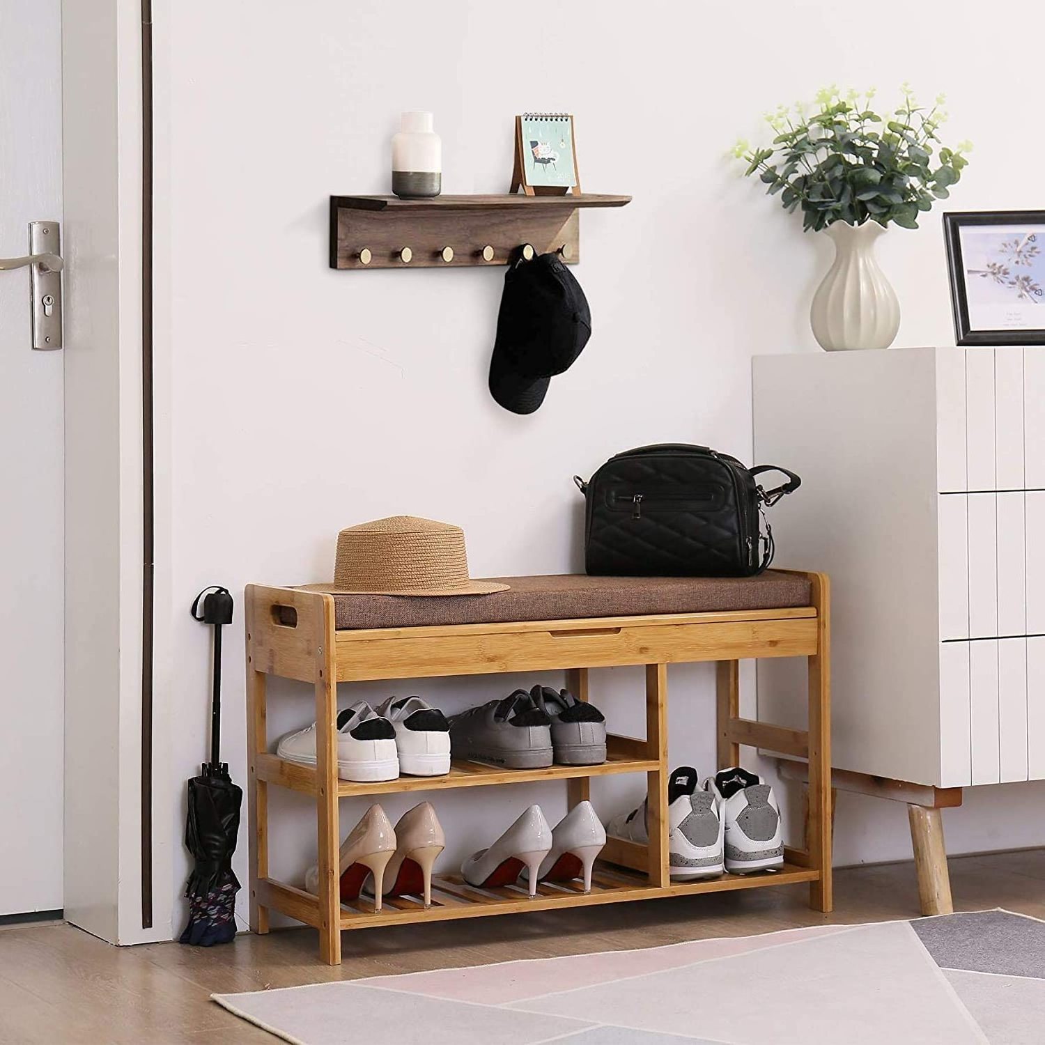 Modern Furniture 3-Tier Entryway Bamboo Shoe Organizer Bamboo Shoe Rack Bench with Seat Cushion