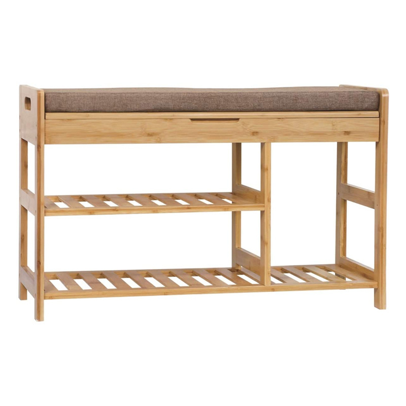 Modern Furniture 3-Tier Entryway Bamboo Shoe Organizer Bamboo Shoe Rack Bench with Seat Cushion