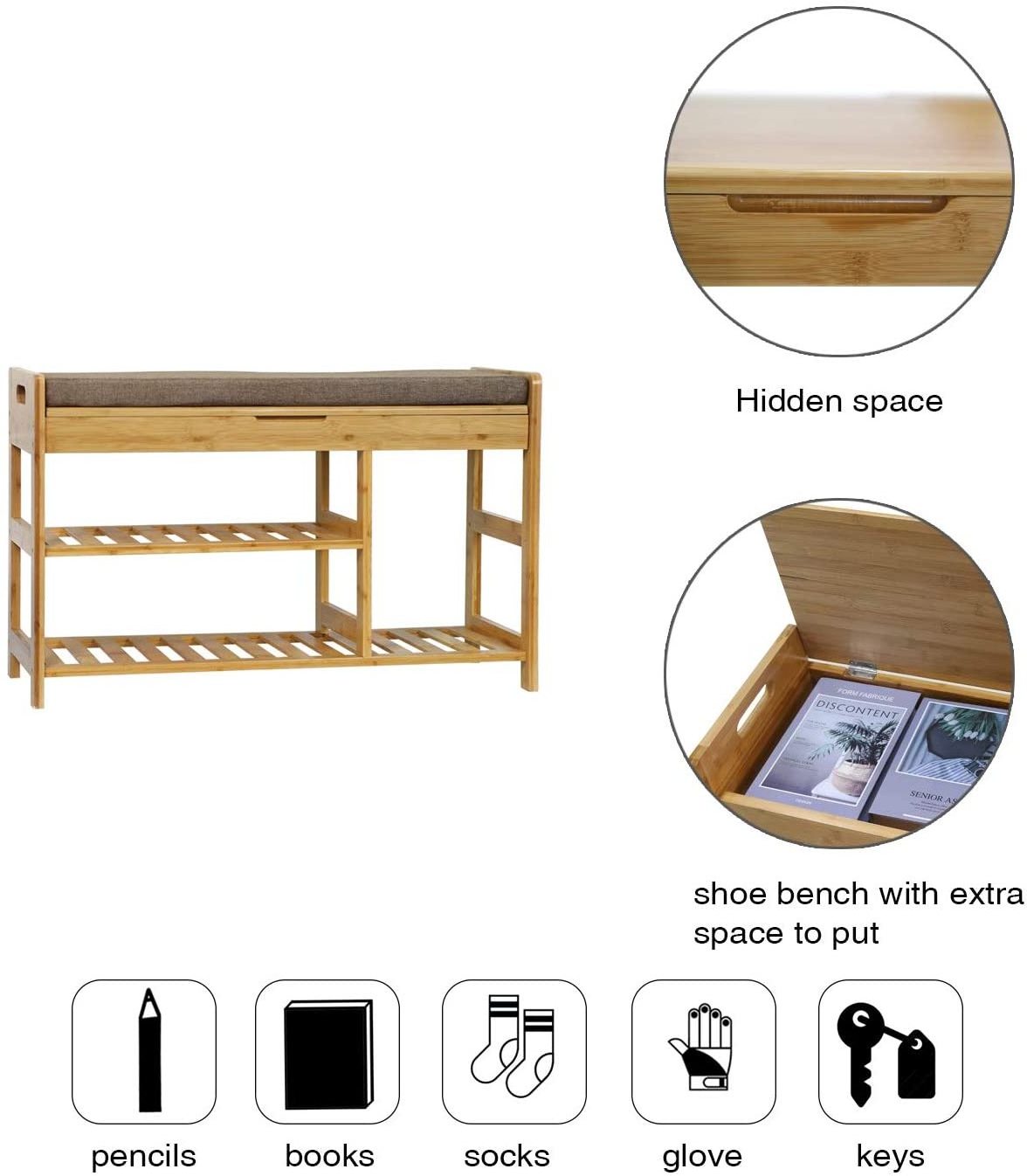 Modern Furniture 3-Tier Entryway Bamboo Shoe Organizer Bamboo Shoe Rack Bench with Seat Cushion