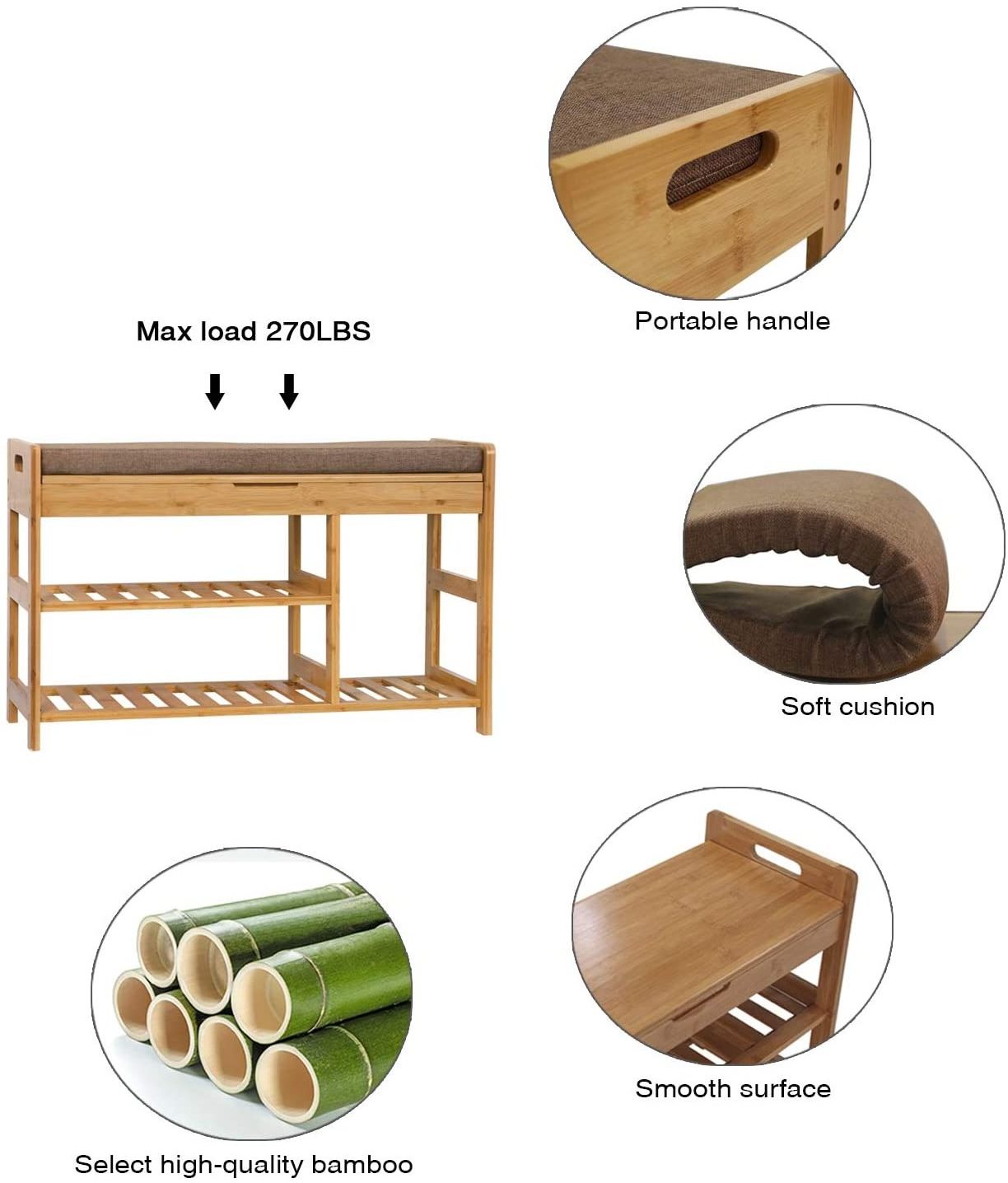 Modern Furniture 3-Tier Entryway Bamboo Shoe Organizer Bamboo Shoe Rack Bench with Seat Cushion