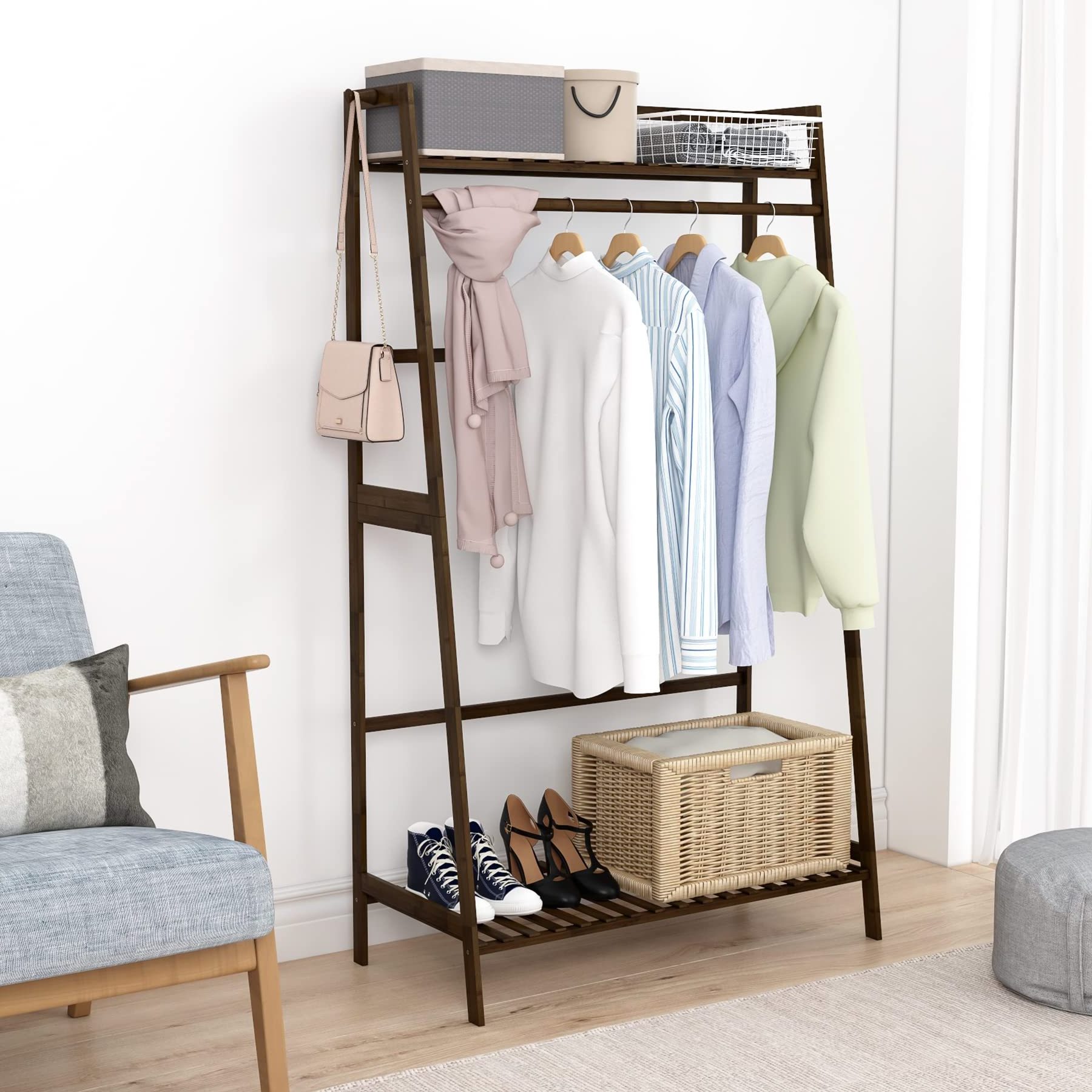 Free standing clothes rack bedroom hanging clothes rack modern bamboo wardrobe