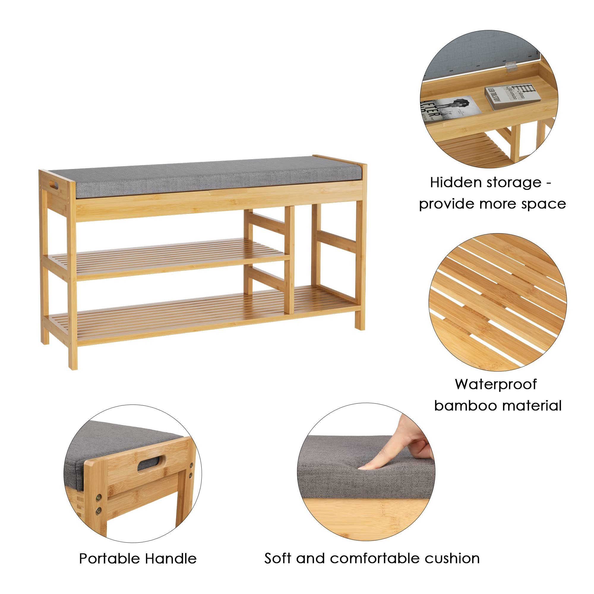 Bamboo shoe rack storage with padded seat porch storage stool bamboo shoe cabinet