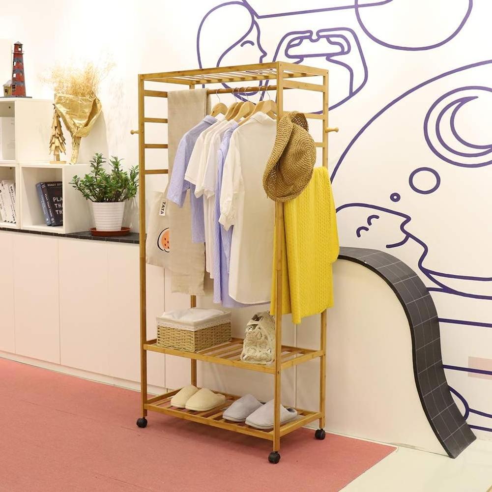 Portable Bamboo Closet Clothes Organizer Garment Rack With Wooden Hanging Rod Wardrobe Coat Stand Storage Rolling Wheels