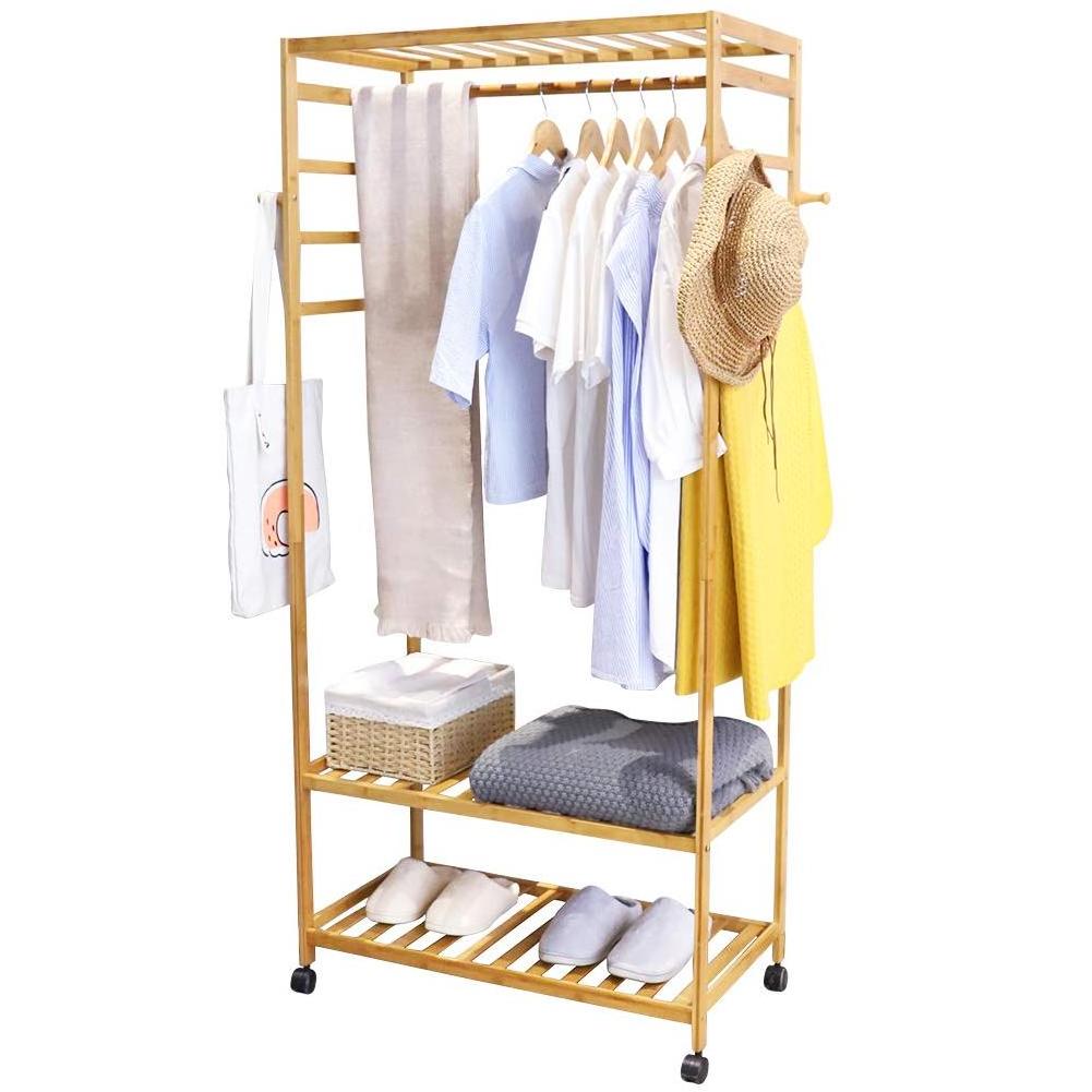 Portable Bamboo Closet Clothes Organizer Garment Rack With Wooden Hanging Rod Wardrobe Coat Stand Storage Rolling Wheels