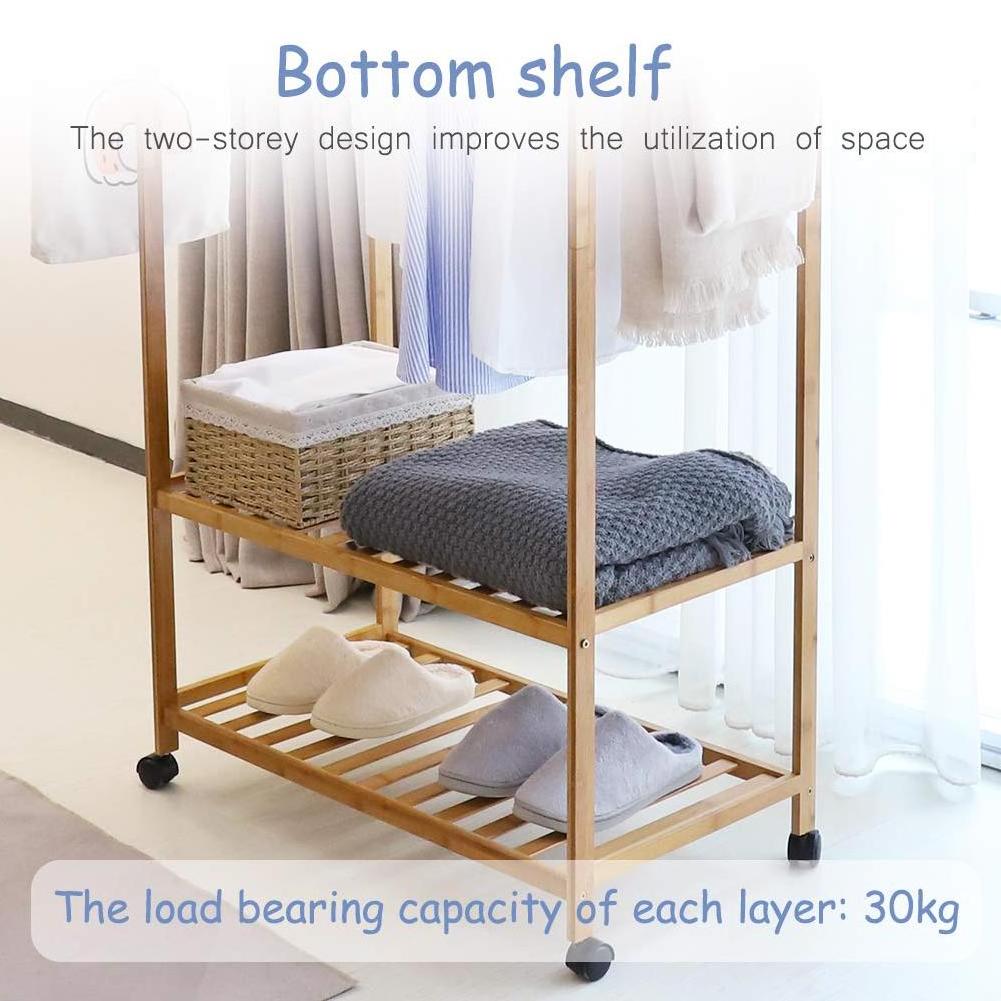 Portable Bamboo Closet Clothes Organizer Garment Rack With Wooden Hanging Rod Wardrobe Coat Stand Storage Rolling Wheels