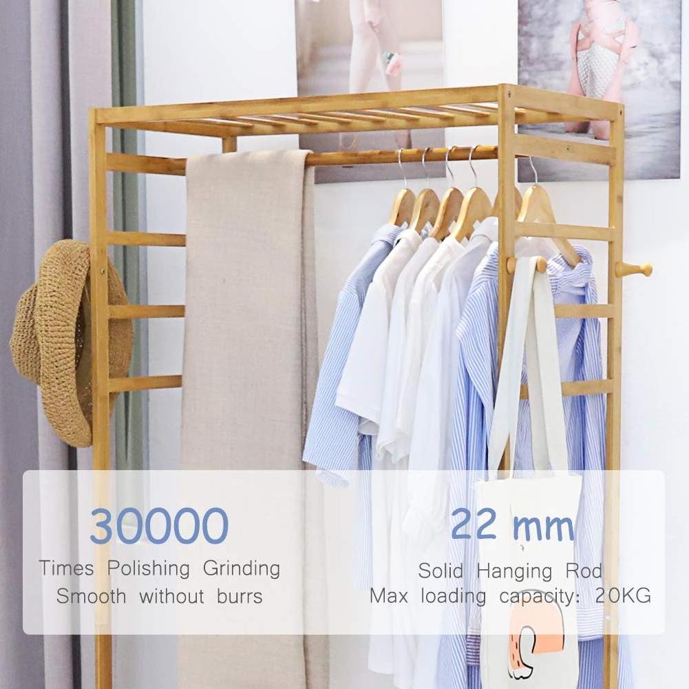 Portable Bamboo Closet Clothes Organizer Garment Rack With Wooden Hanging Rod Wardrobe Coat Stand Storage Rolling Wheels