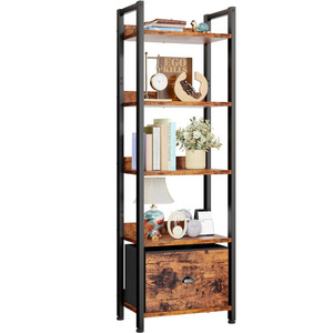 5 Tier Bookshelf with Drawer, Tall Narrow Bookcase with Shelves Wood and Metal Book Storage Shelf