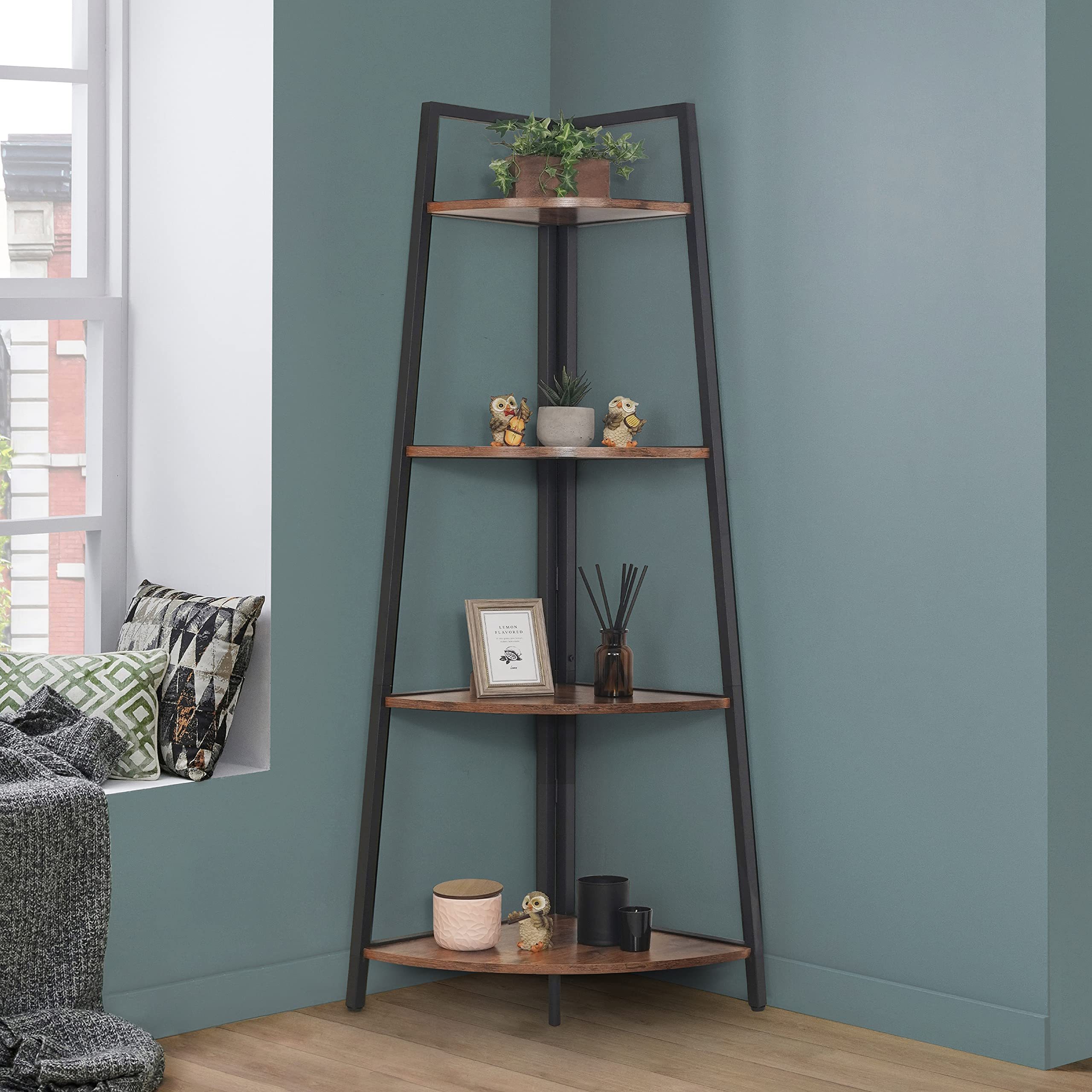 Wholesale Wooden Tall Corner Shelf Stand, 5-Tier Ladder Corner Wood Storage Plant Bookshelf with Metal Frame Display Shelves,