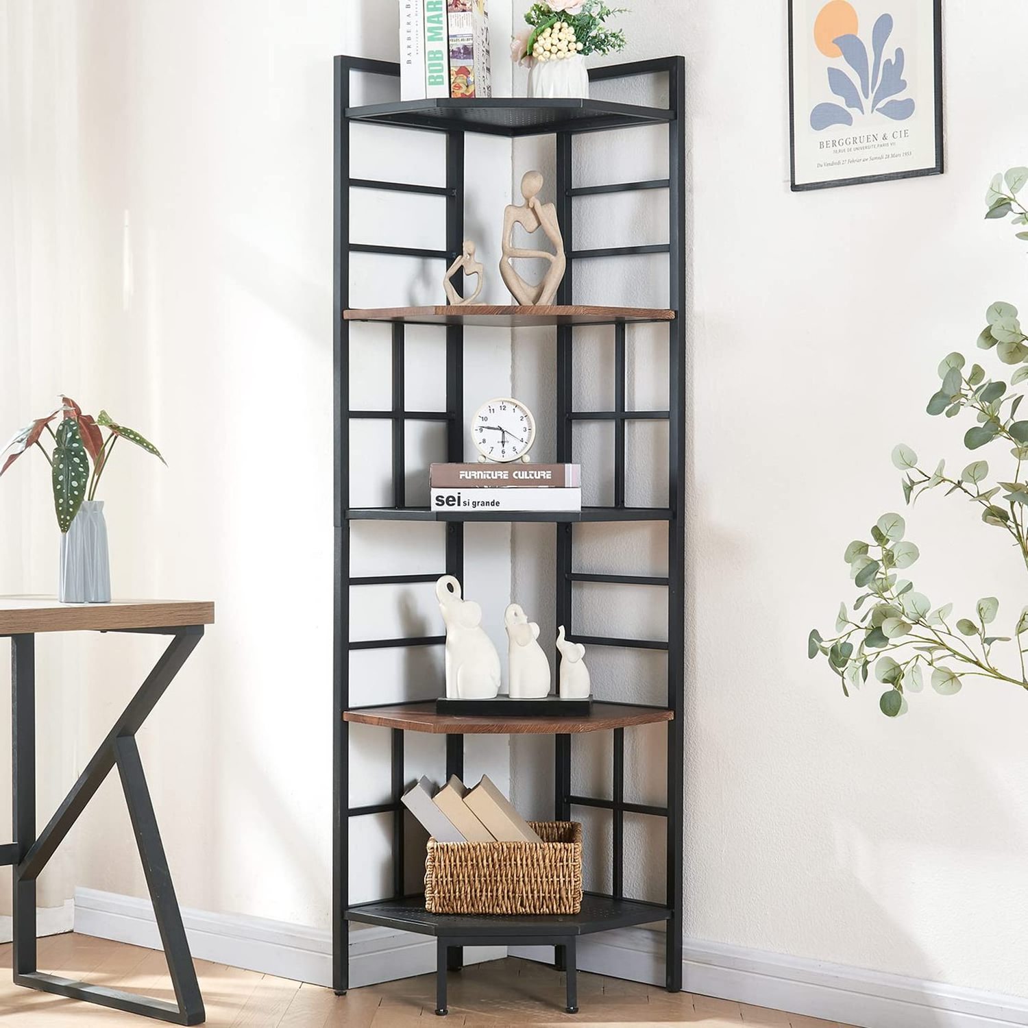 6 Tier Industrial Tall Corner Bookshelf, Corner Bookcase with Metal Frame and MDF Board Wood and Metal shelf