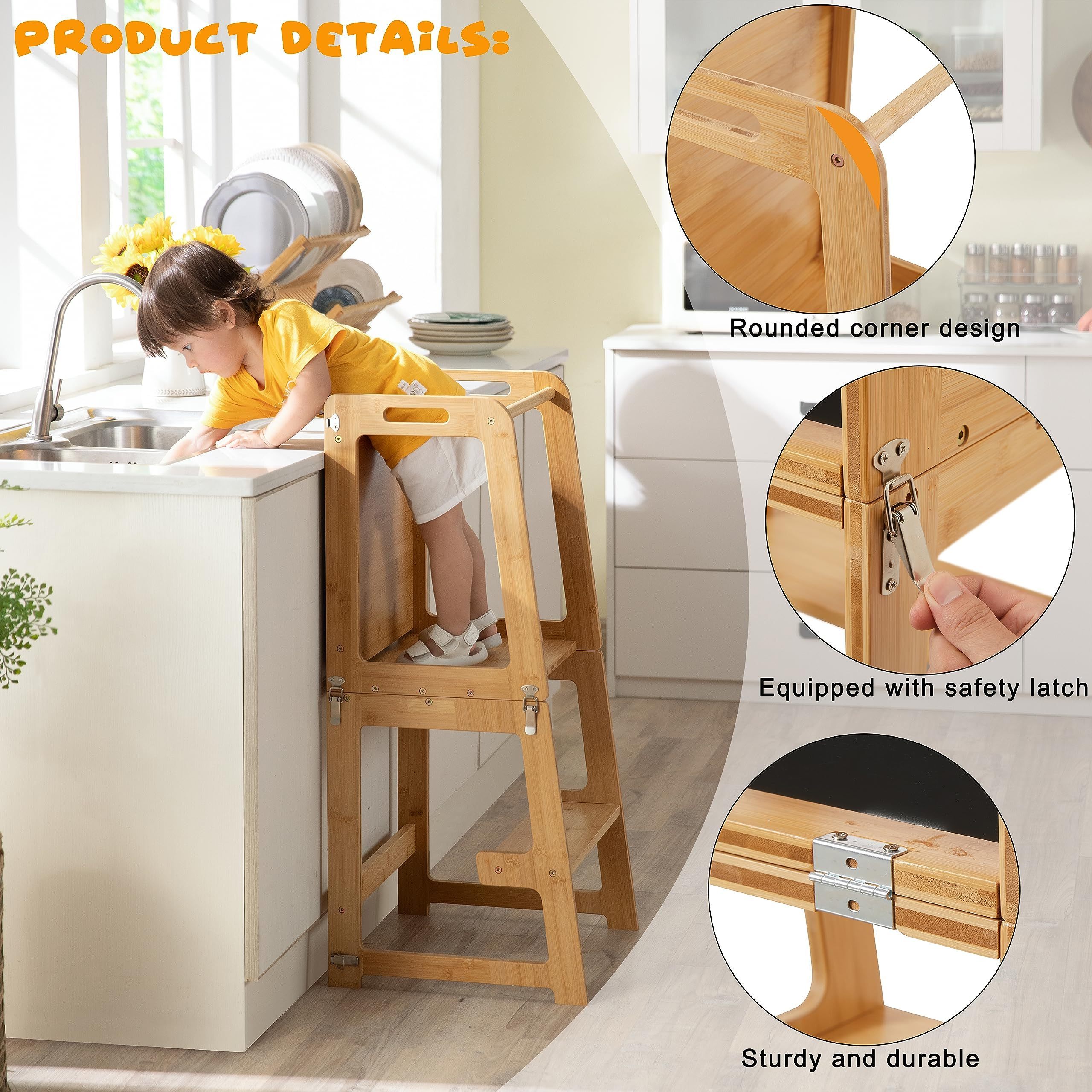 4-in-1 Standing Tower for Toddlers and Kids 1-6 Years, Bamboo Kitchen Learning Helper Stool