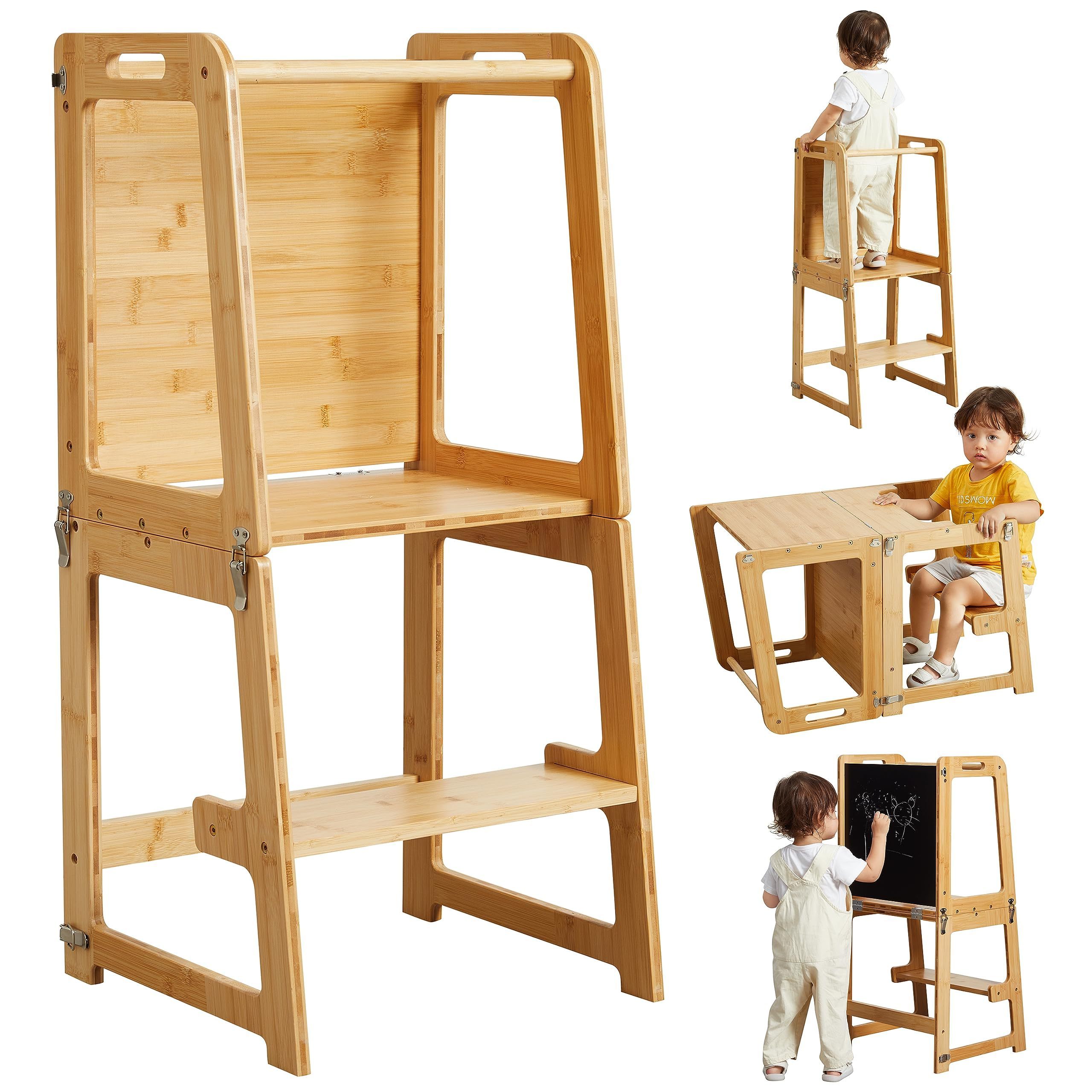 4-in-1 Standing Tower for Toddlers and Kids 1-6 Years, Bamboo Kitchen Learning Helper Stool