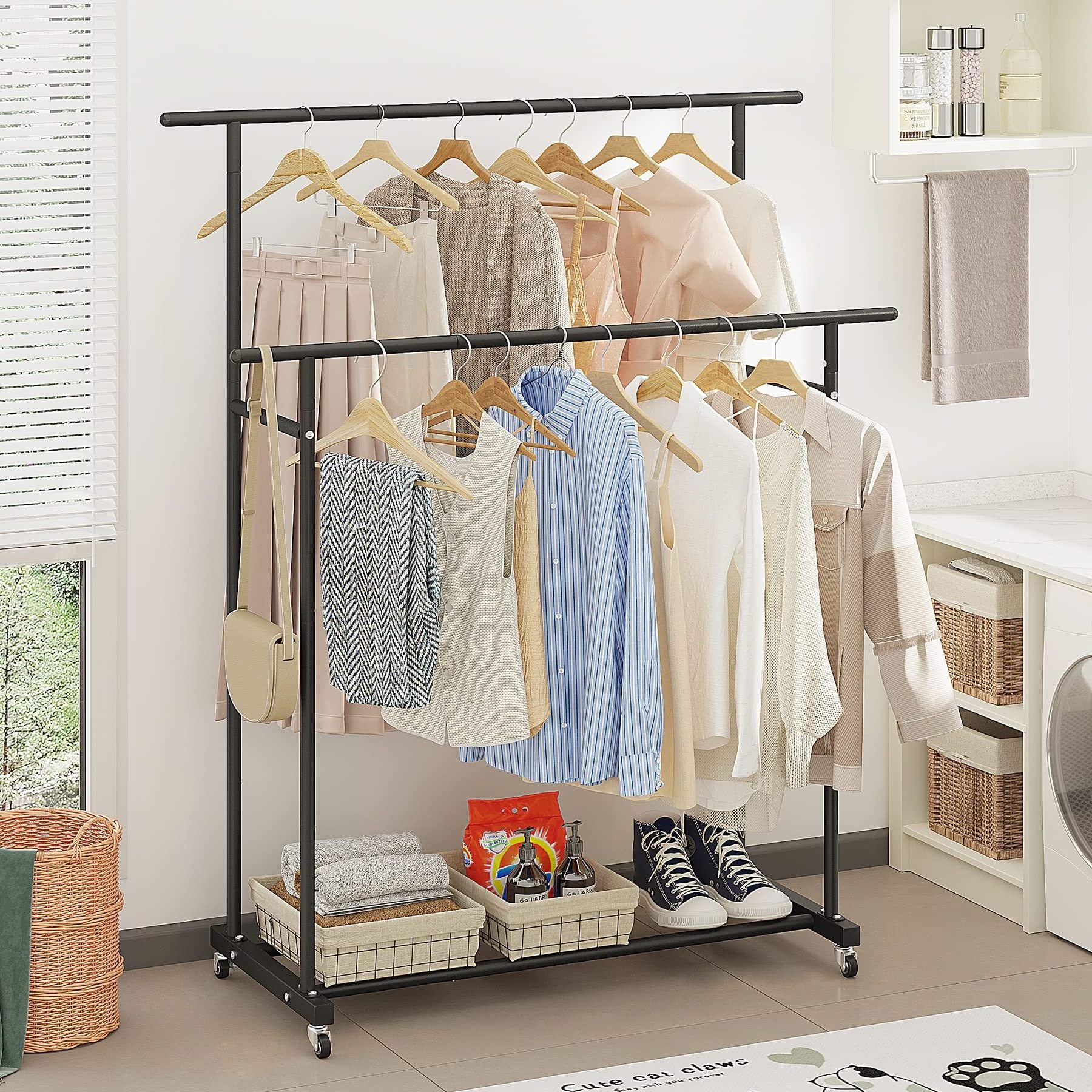 Double Rod Clothing Garment Rack Rolling Hanging Clothes Portable Organizer for Bedroom Living Room Clothing Store