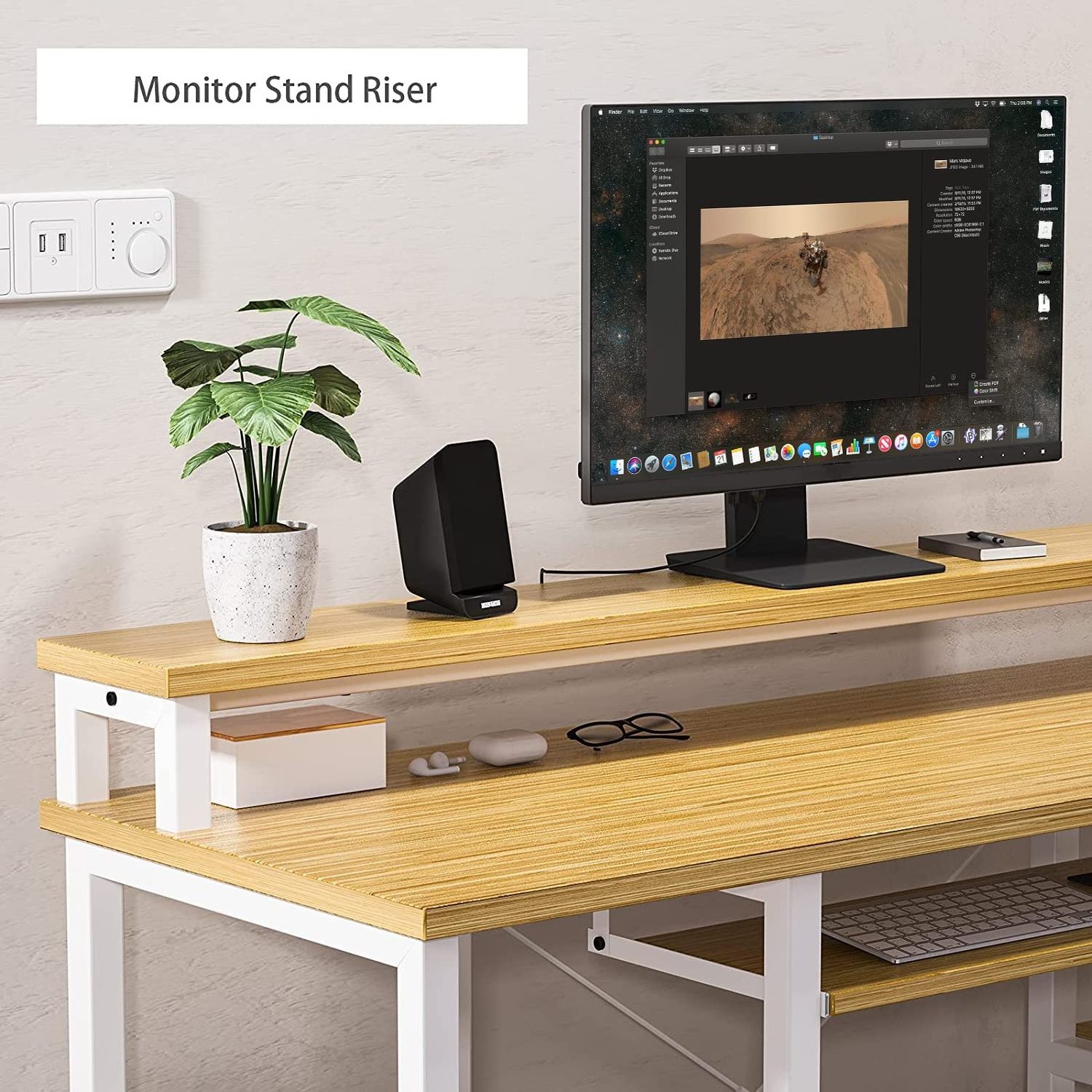 Bamboo Computer Desk with Monitor Stand Storage Shelves Keyboard Tray Studying Writing Table for Home Office