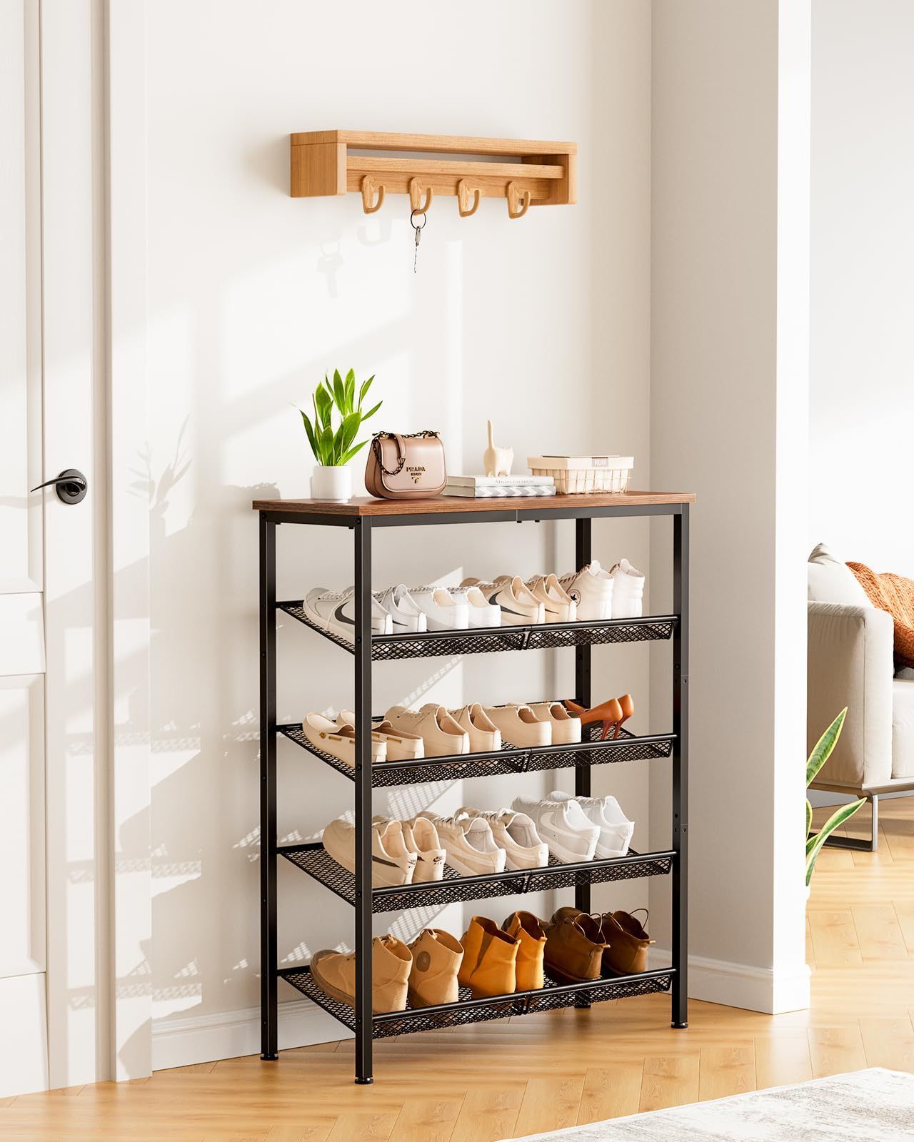 5-Tier Shoe Rack for Entryway and Small Spaces with Wooden Top , Shoe Storage Organizer with Adjustable Storage Shelves