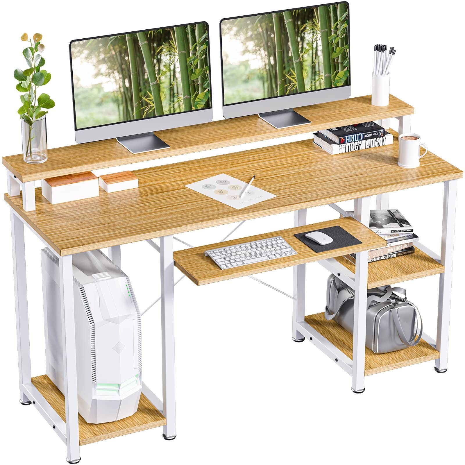 Bamboo Computer Desk with Monitor Stand Storage Shelves Keyboard Tray Studying Writing Table for Home Office