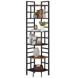 6 Tier Industrial Tall Corner Bookshelf, Corner Bookcase with Metal Frame and MDF Board Wood and Metal shelf