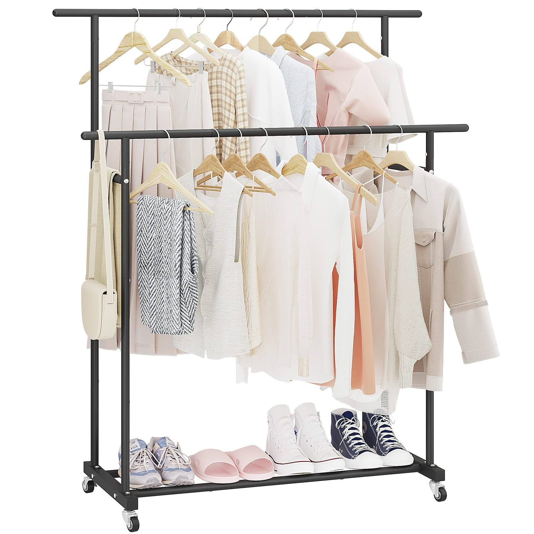 Double Rod Clothing Garment Rack Rolling Hanging Clothes Portable Organizer for Bedroom Living Room Clothing Store