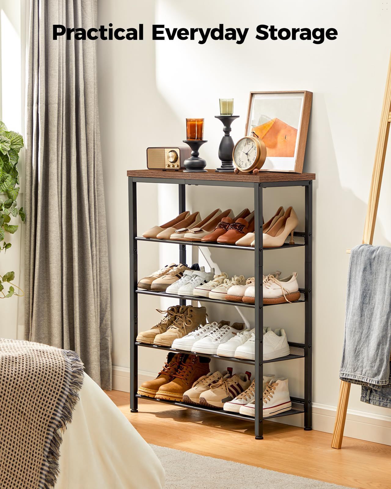 5-Tier Shoe Rack for Entryway and Small Spaces with Wooden Top , Shoe Storage Organizer with Adjustable Storage Shelves