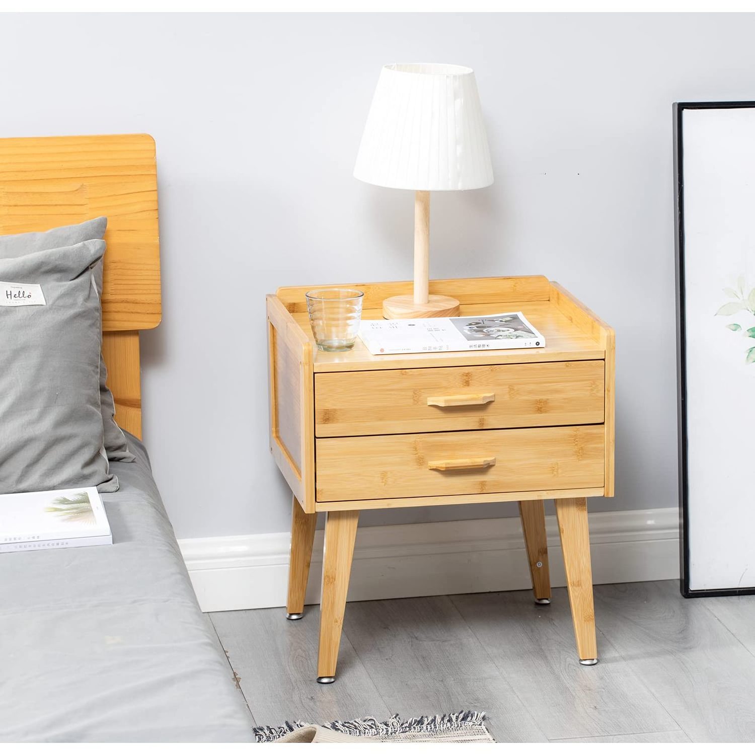 Bamboo morden bedside table nightstand with 2 drawers night stand for Small Spaces Storage for Bedroom