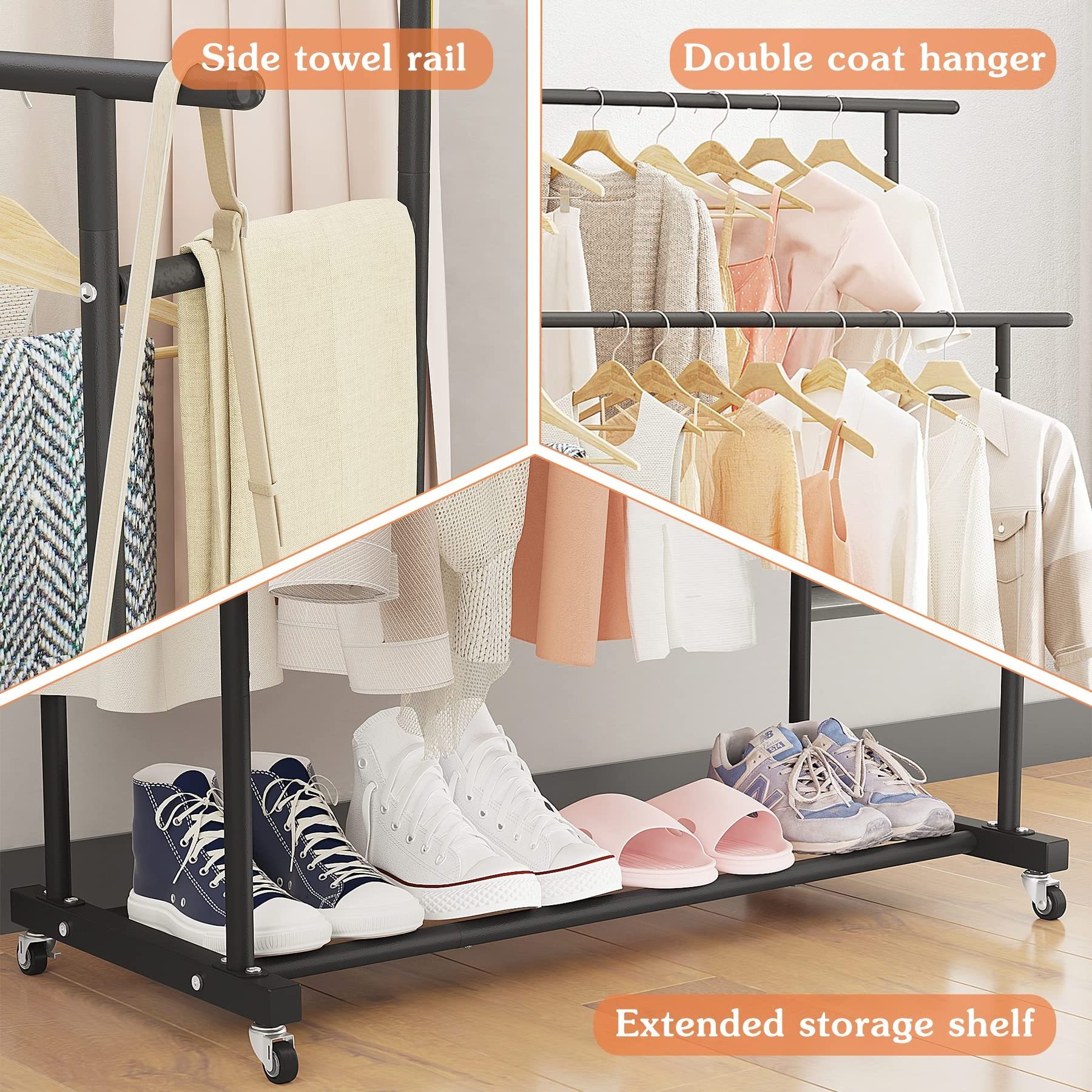 Double Rod Clothing Garment Rack Rolling Hanging Clothes Portable Organizer for Bedroom Living Room Clothing Store