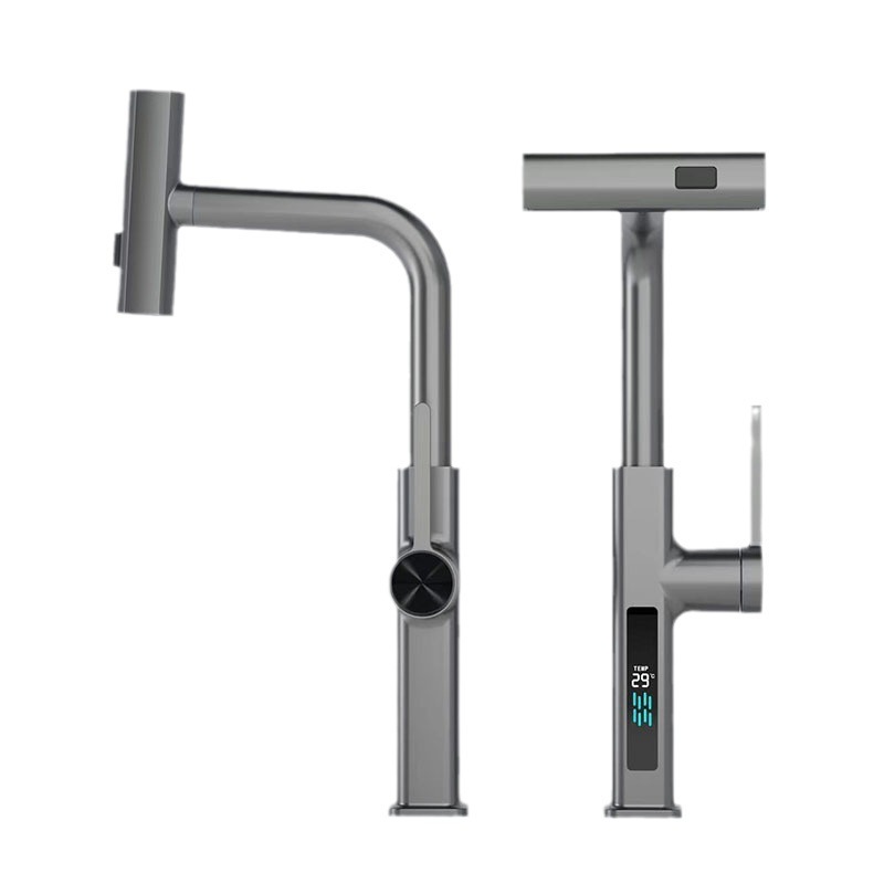 Pan kitchen faucet pull rotary can be switched Feiyu digital display pan faucet one key water stop gun gray faucet