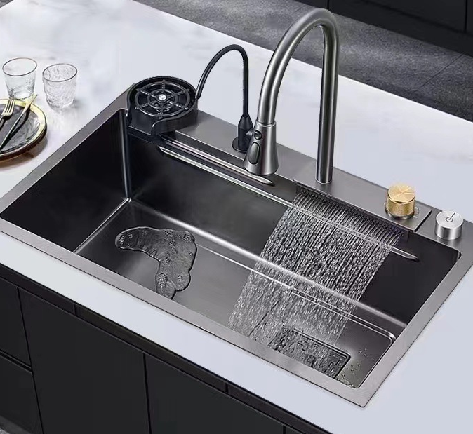 Multifunctional 304 Stainless Steel Kitchen Sink with Handmade Drain Basket and Waterfall Design